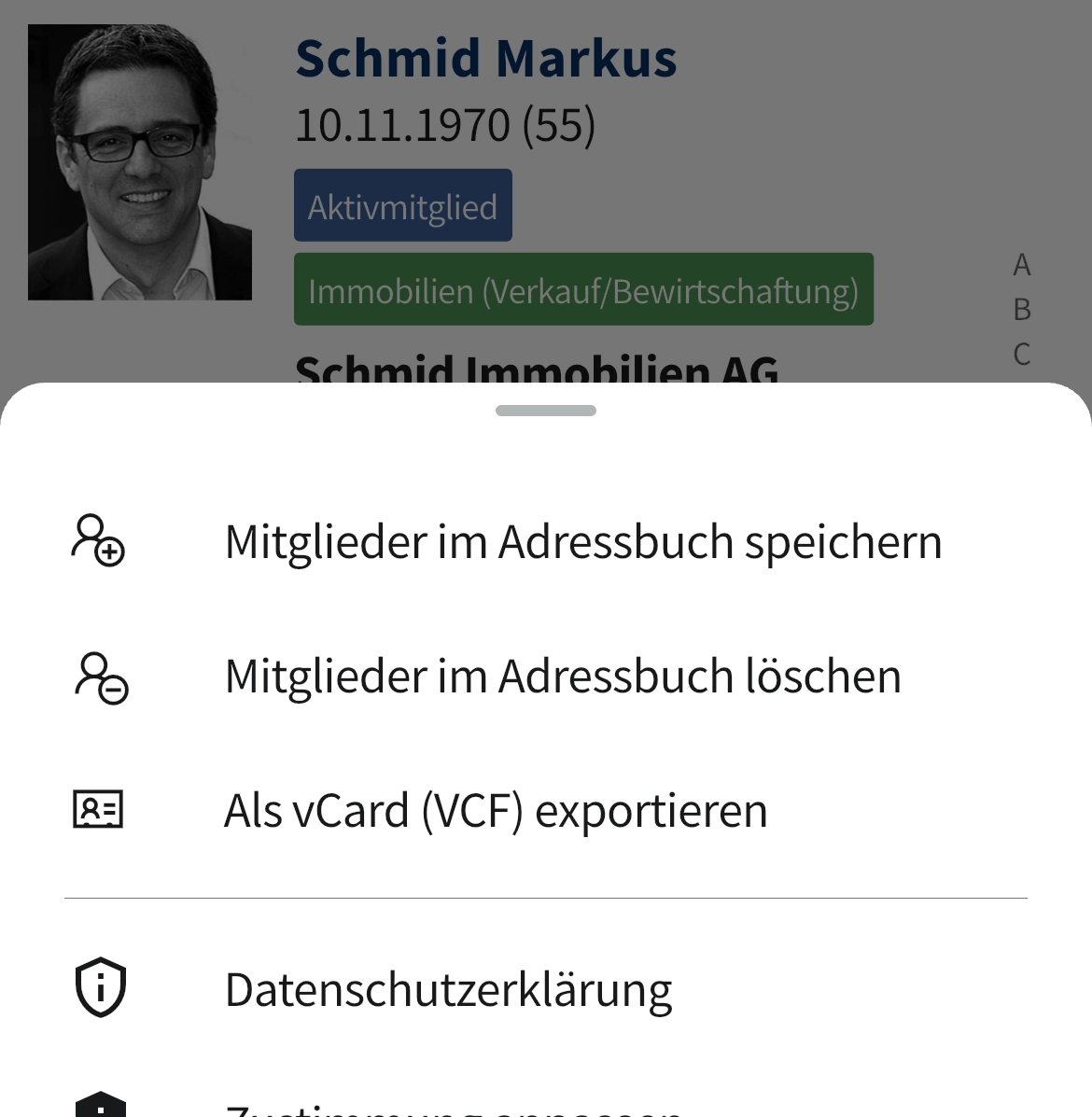 App: Mitgliederprofil mit Funktionen